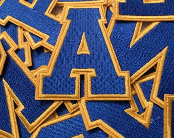 Patch Party Club, "Blue w/GOLD Felt" Sz. 3" Embroidered Letter, 1-pc, Iron-on, A-Z Letters, DIY Letters, School Spirit Wear, Team Colors