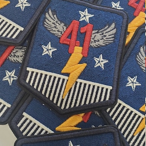 Heraldic,(1-pc) 41 Thunder Royalty Crest, Navy Blue, Red and Gold Emblem patch, DIY, Embroidered Applique Iron On Patch, Size 5&quot;x4&quot;