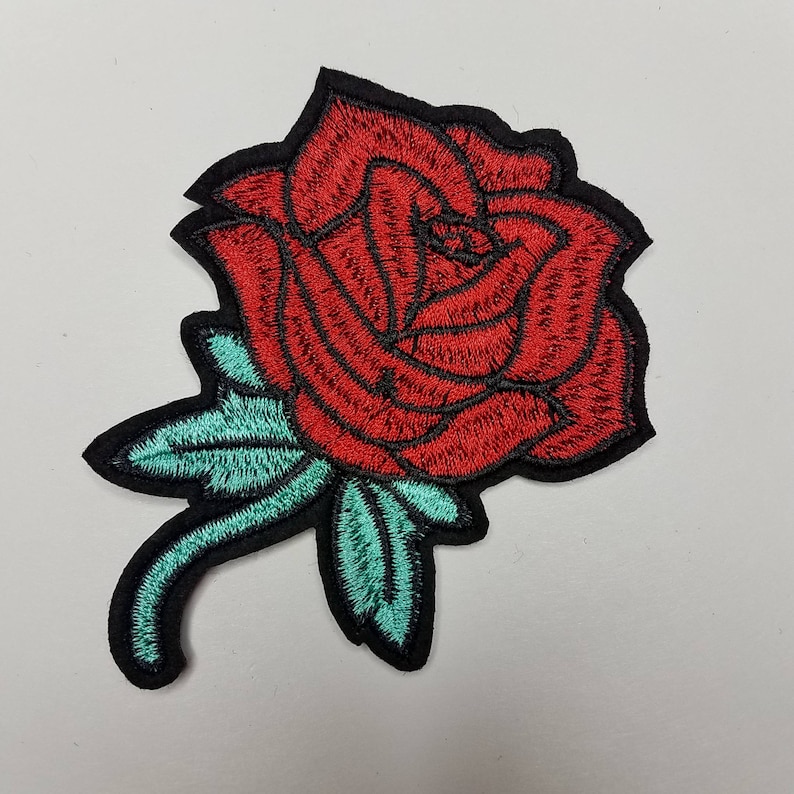 matching embroidered iron-on floral patches Flower Patches Red Rose Buds with teal stems Rose Embroider size 3-inches Floral 2 pc set