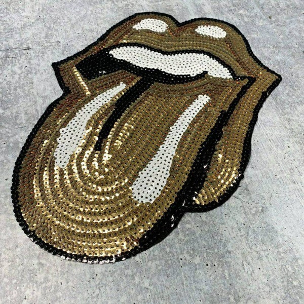 Sequins GOLD Lips and Tongue Patch (iron-on) Size 10.5", LARGE Bling Patch for Denim Jacket, Shirts, Hoodies, and More