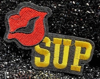 Embroidered "Sup" With Sexy Red Lips, Iron-on Novelty Patch, DIY Appliques, Fun Patch for Clothing and Accessories