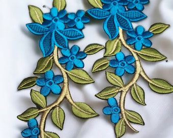 Exclusive "TURQUOISE" 3d Luxe Floral Embroidered Iron-on Patches (Set of 2) - Deep Colors, Satin & Metallic, Iron-on Applique