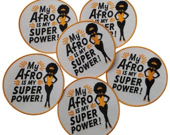 Patch Party Club (6-pc Wholesale Pack) "My Afro is my Super Power" Premium Iron-On Patches – Same Style, for DIY, Hats, Jackets, MSRP 55