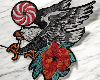 Patch Party Club (1-pc) Eagle Floral Embroidered Patch, 6" x 6" Iron-On American Eagle Applique, Patriotic Floral Statement Patch