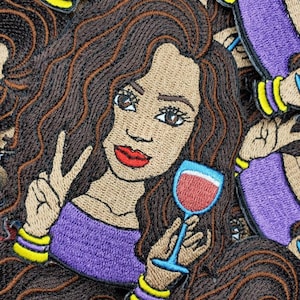 Cute girl patch &quot;But First Wine&quot; Iron-on or Sew-on Embroidered 3D Afrocentric Patch, Exclusive Appliques, Size 4&quot;