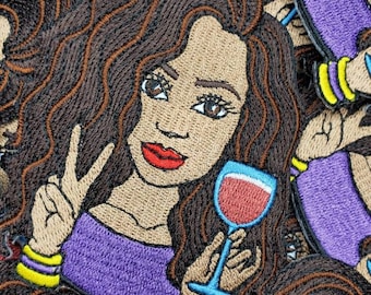 Cute girl patch "But First Wine" Iron-on or Sew-on Embroidered 3D Afrocentric Patch, Exclusive Appliques, Size 4"