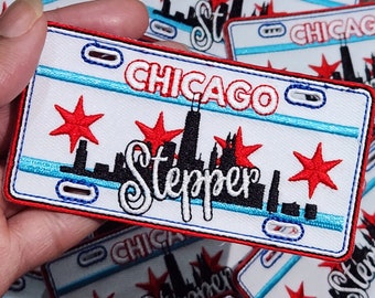 Collectable:"Chicago STEPPER" (1-pc) Iconic License Plate, Iron-On Embroidered Patch; Popular City Emblem, Sz. 4"x1.75" Patch for Clothing