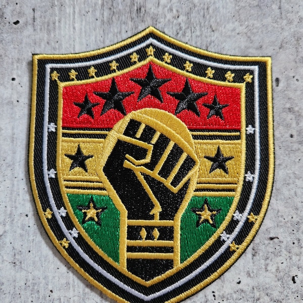 Heraldic Patch,(1-pc) "Unity & Valor Fist" Embroidered Patch Sz 4", Juneteenth, Iron-on For Clothing, Jackets, Trucker Hats, Bags
