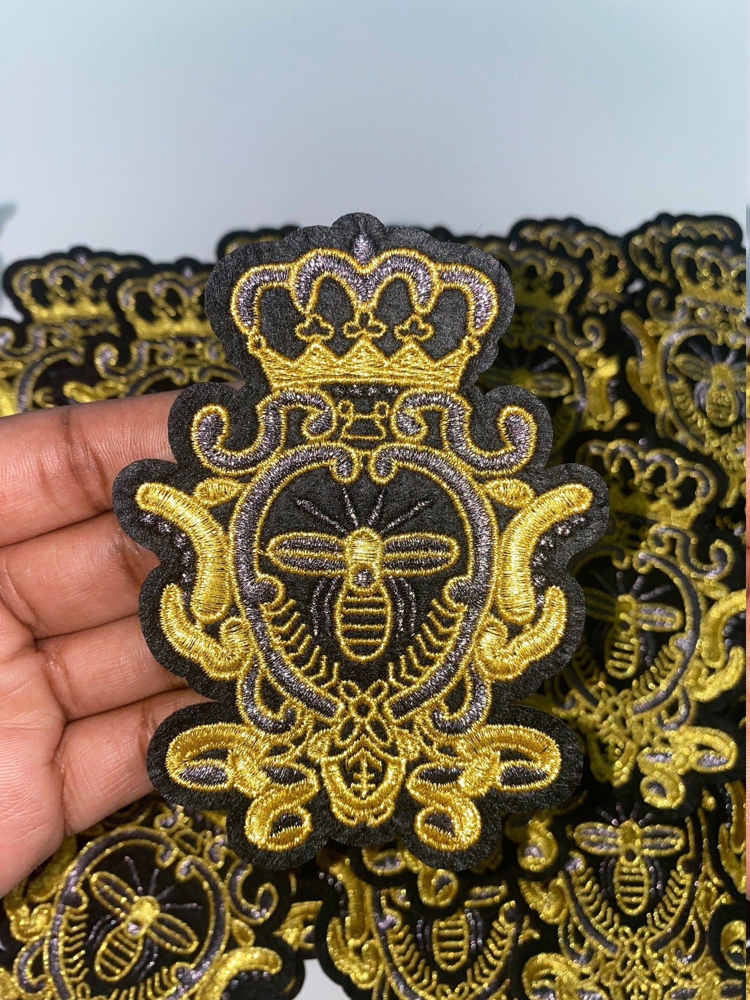 Heraldic, Metallic Gold, Black & Gray Royal Bee Crest, W/crown 