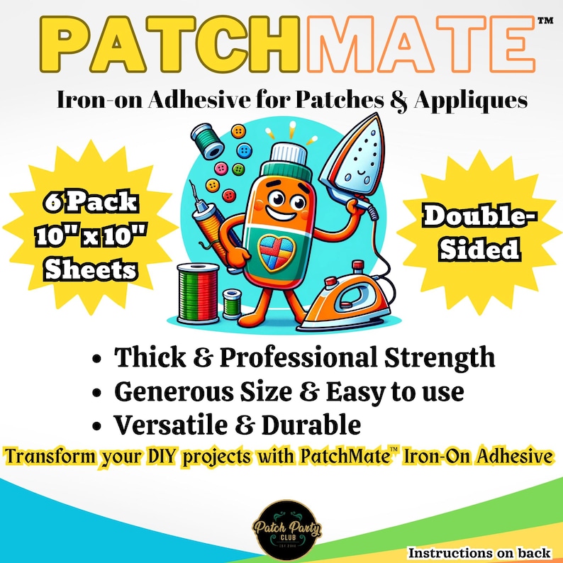 PatchMate Iron-on Adhesive (6-Pack) Industrial Strength Bond, Backing for Patches and Appliques, Heat Sealant Sheets, No Sew Adhesive image 1