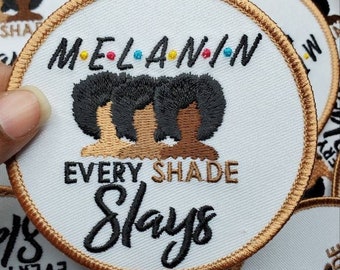 Melanin - Every Shade Slays - Popular Patch, 3.5-inch Circular Iron-on Embroidered Patch Applique, Melanin Magic Embroidery