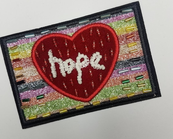 Unique Beaded Heart, "Hope" 4"×3"  Applique, Embroidered Patch, Statement Applique, exclusive patch for clothing, Colorful Patch