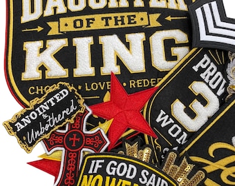 Patch Party Club, 14-Piece Daughter of the King Christian Chenille & Embroidered Iron-On Patch Bundle | Faith-Based DIY Jacket, Hat Patches