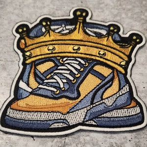Sneaker Lover Applique, (1-pc) Fun, &quot;Sneaker King&quot; 4&quot; Iron-On Patch, Gold/Blue Crowned Gymshoe, Patch for Jacket, Hoodie, Hats, and More