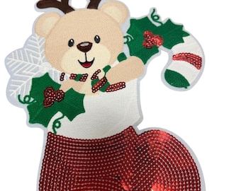 Patch Party Club (1Pc.) 10 inch Christmas Teddy Bear Stocking Iron-On Patch, Sequin Holiday Bear Applique, Reindeer Patch, Festive DIY Decor