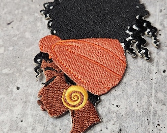 Fly Nubian Orange "Headwrap Diva" 3.5" Iron-on Embroidered Afrocentric Patch; Cute Black Girl Patch; DIY Patch for Hats, Shoes, Clothes