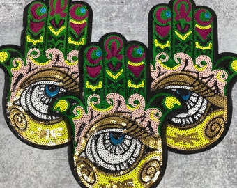 Exclusive,"Gold/Green/Pink Hamsa Eye Patch," Sequins Iron-on Patch, Bling Patch, DIY Crafts, Sz 10.5", Eye of Protection, 1-pc, Jacket Patch