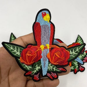 NEW, Adorable Red & Blue, Parrot on a Bush, 4" inch Embroidered Applique Patch, Bird Patches Great for Denim Jackets, Iron-on Patch