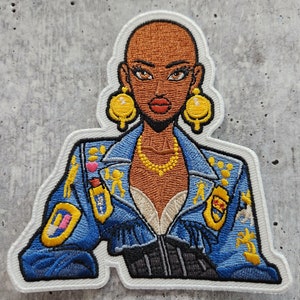 Patch Party Club, &quot;Denim Diva&quot; Bold and Bald Fashionista, (1-pc) Iron-On Embroidered Patch, Empowerment Patch for Hats, Jackets, Bags