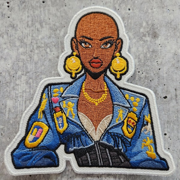 Patch Party Club, "Denim Diva" Bold and Bald Fashionista, (1-pc) Iron-On Embroidered Patch, Empowerment Patch for Hats, Jackets, Bags