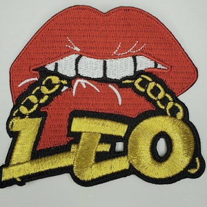 Poppin' Red Lip "Leo" w/Gold Metallic Chain|Iron-On Embroidered Patch|Astrology Zodiac Patch|DIY Patch for Jackets & Hats, Size 4"