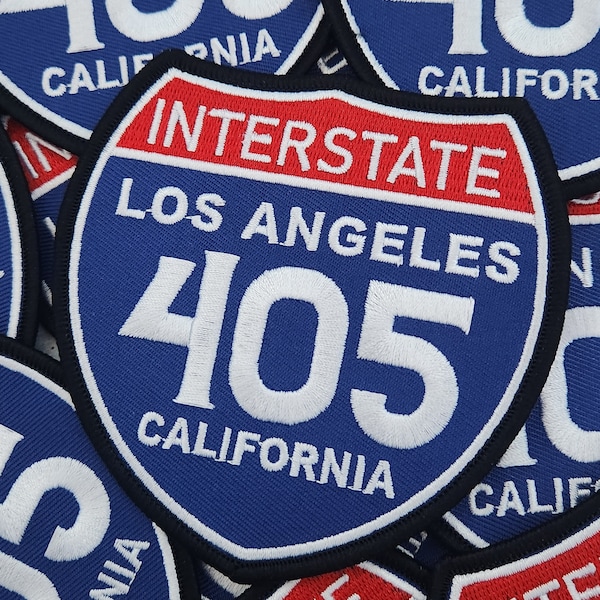 Collectable 1-pc, "LOS ANGELES, 4" Interstate 405" Iron-On Embroidered Patch; Popular California Emblem, Red/White/Blue Badge, Patch for Jac