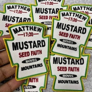 NEW,"Mustard Seed Faith", Moves Mountains, Inspirational Embroidered Patch, Size 3.5", Spiritual Patch, Patches for Clothing, Hats, and More
