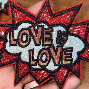 NEW, Beaded &quot;Love is Love&quot; RED Glitter, Starburst Patch, Adorable Emblem, Cute Patch, Iron-on Embroidered Applique, Size 4&quot;