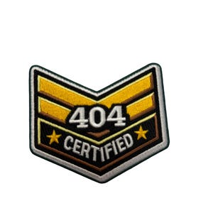 May include: A chevron-shaped embroidered patch featuring two yellow horizontal stripes above a black section with the white text 404 CERTIFIED and two small yellow stars on either side, all bordered by a thick white and dark green stitched edge.