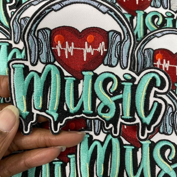 New, 1-pc "I Love Music" Heart & Headphone Patch, Music Lovers Iron-on Embroidered Patch, Size 4", Patch for Jackets, Hats, Crocs, Bags