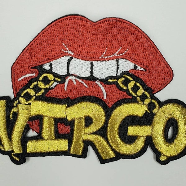 Poppin' Red Lip "Virgo" w/Gold Metallic Chain|Iron-On Embroidered Patch|Astrology Zodiac Patch|DIY Patch for Jackets & Hats, Size 4"