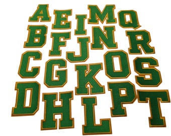 Patch Party Club, "Green w/GOLD Felt" Sz. 3" Embroidered Letter, 1-pc, Iron-on, A-Z Letters, DIY Letters, School Spirit Wear, Team Colors