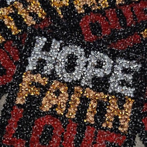 New, 1-pc, Blk/Red/Gold/Silver Bling &quot;Hope, Faith, Love&quot; Rhinestone Patch, Iron-on Applique, Rhinestone Applique, Sz 5&quot;, DIY Crafts