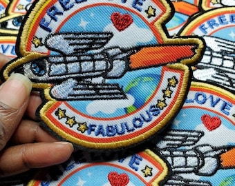 Nieuwe collectie, kleurrijk en leuk 'Free Love', fantastisch, raketschip-patch, opstrijkbare geborduurde patches, 3-inch appliqué, kleine patch voor jas
