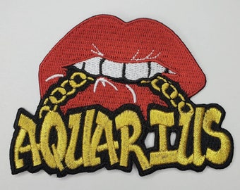 Poppin' Red Lip "Aquarius" w/Gold Metallic Chain|Iron-On Embroidered Patch|Astrology Zodiac Patch|DIY Patch for Jackets & Hats, Size 4"