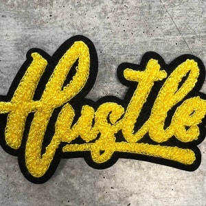 New SIZE, 1-pc Yellow & Black &quot;Hustle&quot; Chenille Patch (iron-on) Size 6&quot;x4&quot;, Varsity Patch for Denim, Camos, Hoodies, Small Patch