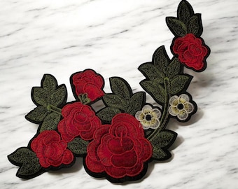 Patch Party Club, Large Red Floral Embroidered Patch, Size 9" x 5" Fower Patch, Rose Garden Appliqué, Iron-On Patch for Jackets & Denim