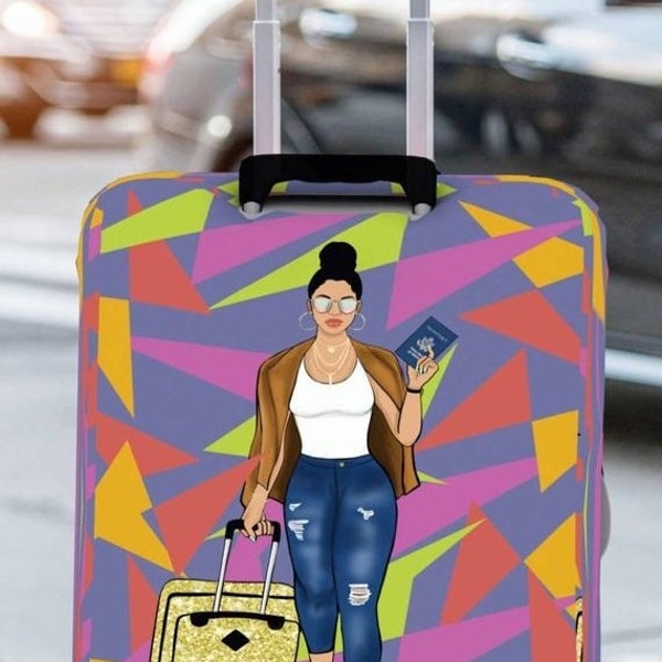 Girls Trip, Polyester/Spandex Luggage Cover, "Melanin on the Move," Luggage Cover for Travelers; Gifts for Wanderlust, Cute Suitcase Covers