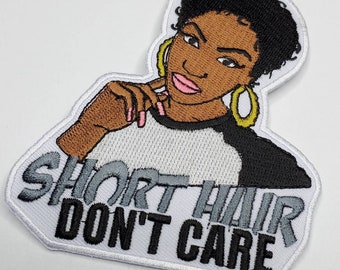 Iron-on Patch "Short Hair, Don't Care" Size 4" Embroidery Patch; Black Girl Magic with Gold Hoops; Patch for Jackets and Accessories