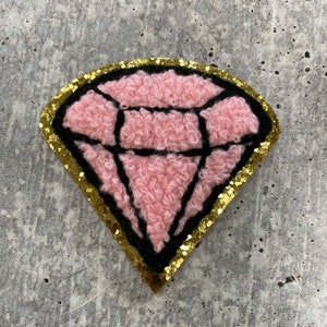 Nuevo: Parche de chenilla rosa "Diamante" con purpurina dorada, tamaño 2.5, con reverso termoadhesivo, aplique afelpado, para niñas.
