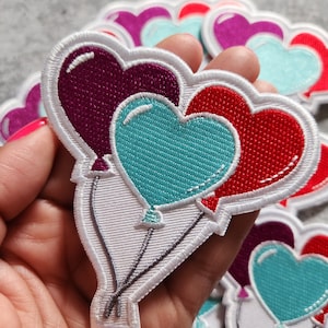 Patch Party Club, (1-pc)Whimsical &quot;Heart Balloons&quot; Embroidered Iron-On Patch – Sz 3&quot;, Balloon Artist, Birthdays, Trucker Hats, Jackets, Bags