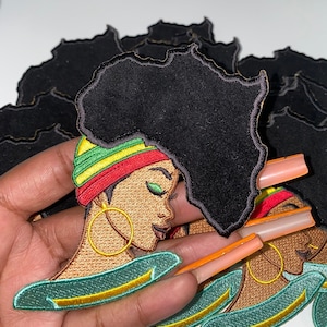 New &quot;Locs of Motherland&quot; w/Velvet Hair, 4&quot; Iron-On Embroidered Afrocentric Patch; Cute Applique for Clothing & Accessories, Small Patch