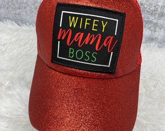 Exclusive, RED, “Wifey, Mama, Boss" Glitter Messy Bun/Ponytail Hat, Glitter Hat, Sparkling Bad Hair Day Hat, Gift for Her, Baseball Cap