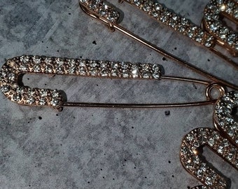 10-pc set, GOLD Rhinestone Safety Pin Brooches for Clothing & Accessories, Bling Safety Pins for Crafting, DIY Tools, Size 3&quot; , Alloy Pins