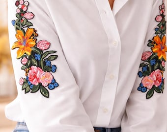 Patch Party Club, (2-pc) set, 12" Orange Botanical Floral Patches for Clothing and Accessories, DIY Iron on Patches, Beautiful flowers