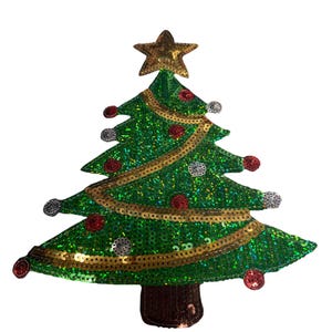 May include: A Christmas tree patch covered in green sequins with a gold sequined garland wrapped around it. The tree features red and silver sequin ornaments and is topped with a gold sequin star. The trunk is made of brown sequins.