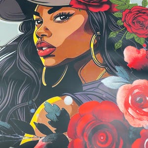 May include: Illustration of a woman wearing a gray baseball cap and gold hoop earrings, adorned with red roses. The artwork features a vibrant color palette with bold lines and a focus on the woman's face and hair.