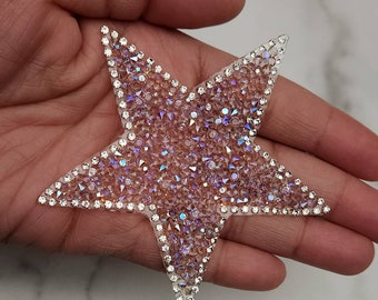 新品、ライトピンクABラインストーン「スター」キラキラパッチ、サイズ3インチ、衣類用クールなアップリケ、アイロン接着パッチ、ジャケット用小型パッチ、DIYプロジェクト