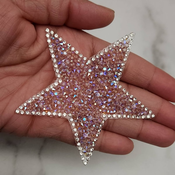 New, LIGHT Pink AB Rhinestone "Star" Bling Patch, Size 3", Cool Applique For Clothing, Iron-on Patch, Small Patch for Jackets, DIY Projects