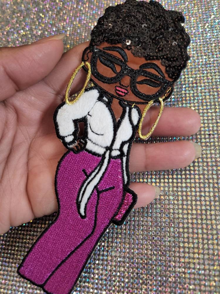 New, "Sophisticated Queen" Sequins, Fur, & Satin, 6" Patch, Iron-on Applique for DIY Projects, Black Girl Patch,Camo and Denim Jacket Patch